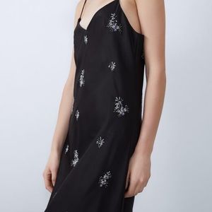 Zara | Black Satin-effect Long Dress with Embroidery | XS